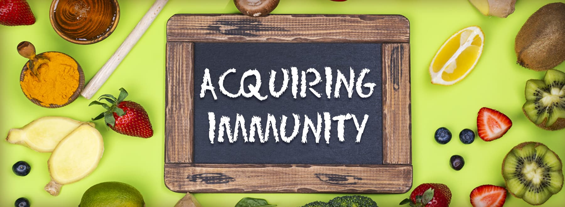 Vegetables on top of a green background with a chalkboard displaying the title "Acquiring Immunity"